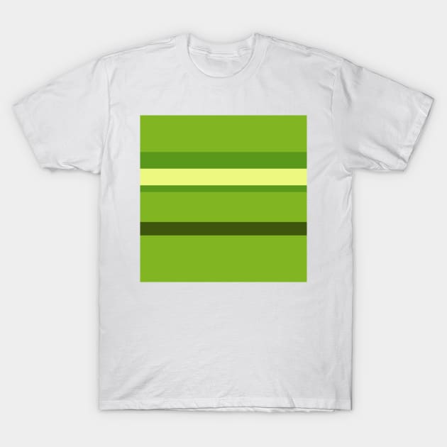 An uncommon union of Olive Drab (#3), Sunny, Dark Lemon Lime and Navy Green stripes. T-Shirt by Sociable Stripes